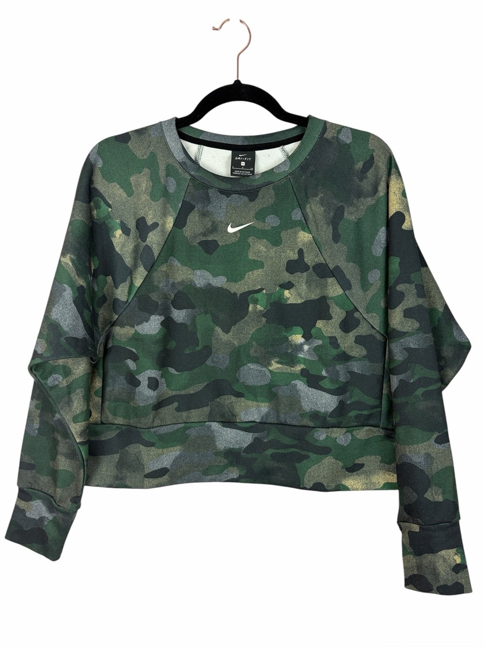 Nike Dri-FIT Camo Cropped Sweatshirt Small Green Camouflage Pullover